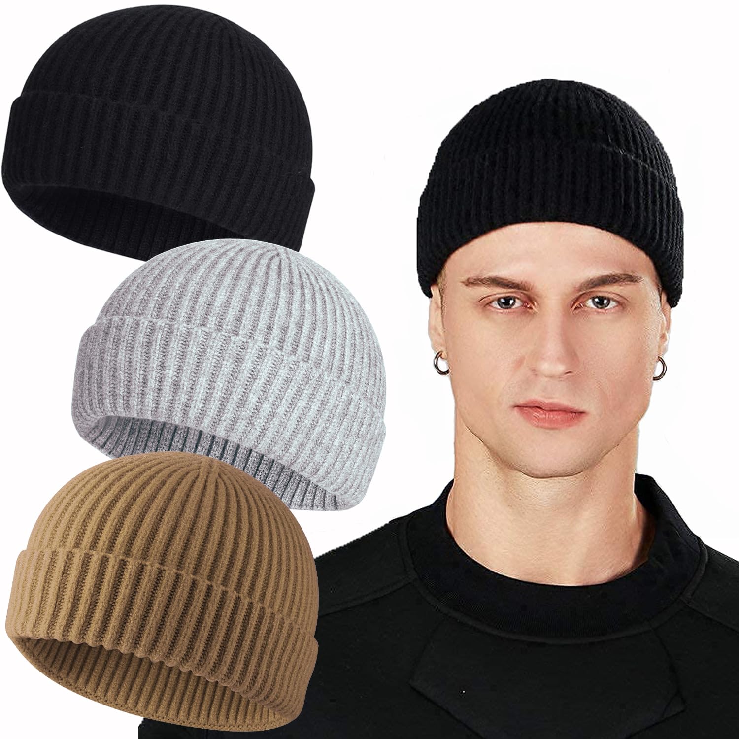 ROYBENS Swag Wool Knit Cuff Short Fisherman Beanie for Men Women, Winter Warm Hats